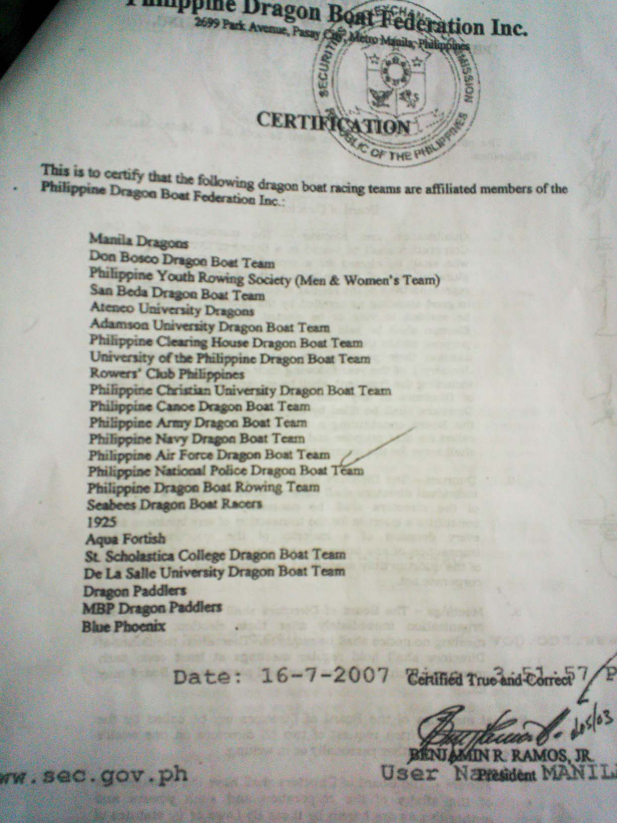 A list of the first club teams upon PDBF’s incorporation, 2003